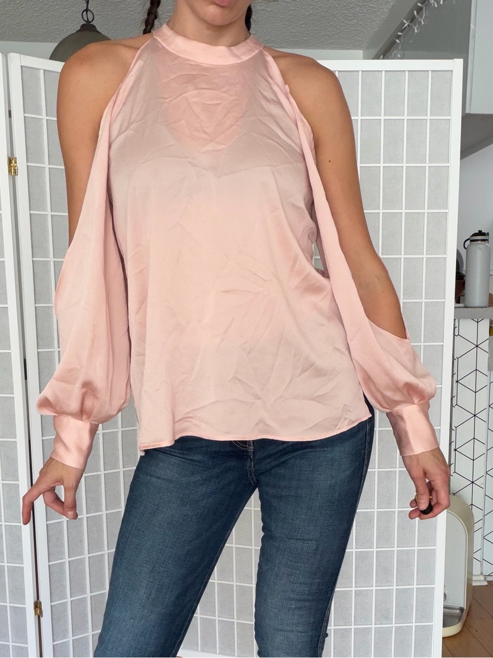 1. State Pale Pink Cold-Shoulder Satin Halter Blouse